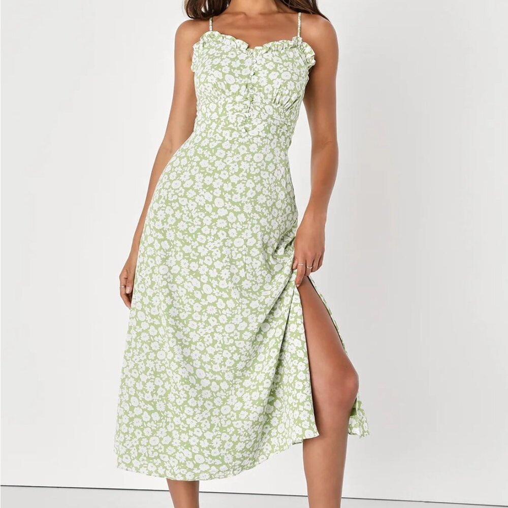 Lulu's Sage and White Floral Midi Dress